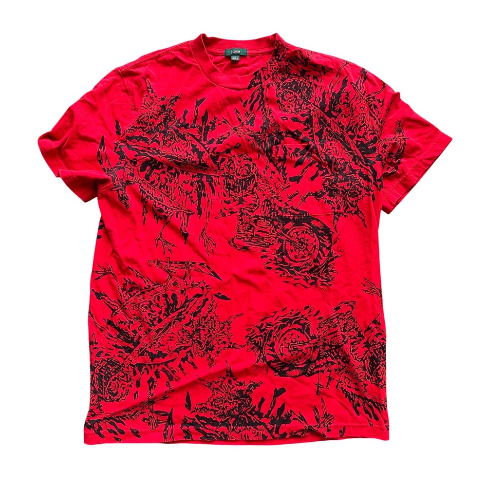 J.Crew Mens Red Black Motorcycle Graphic All Over Print Pocket T-Shirt Large